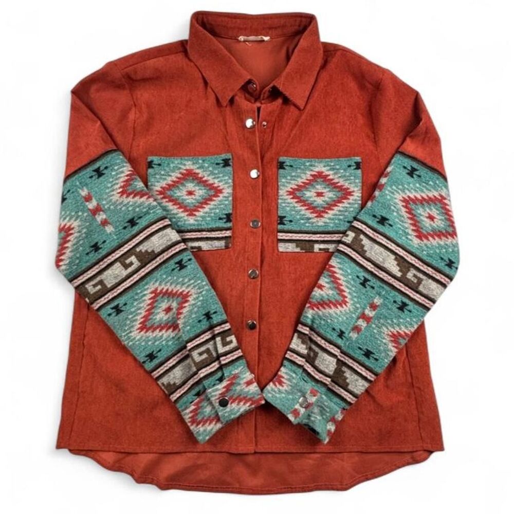 And The Why Western Aztec Button Up Shirt Women’s M Rust Southwestern Shacket